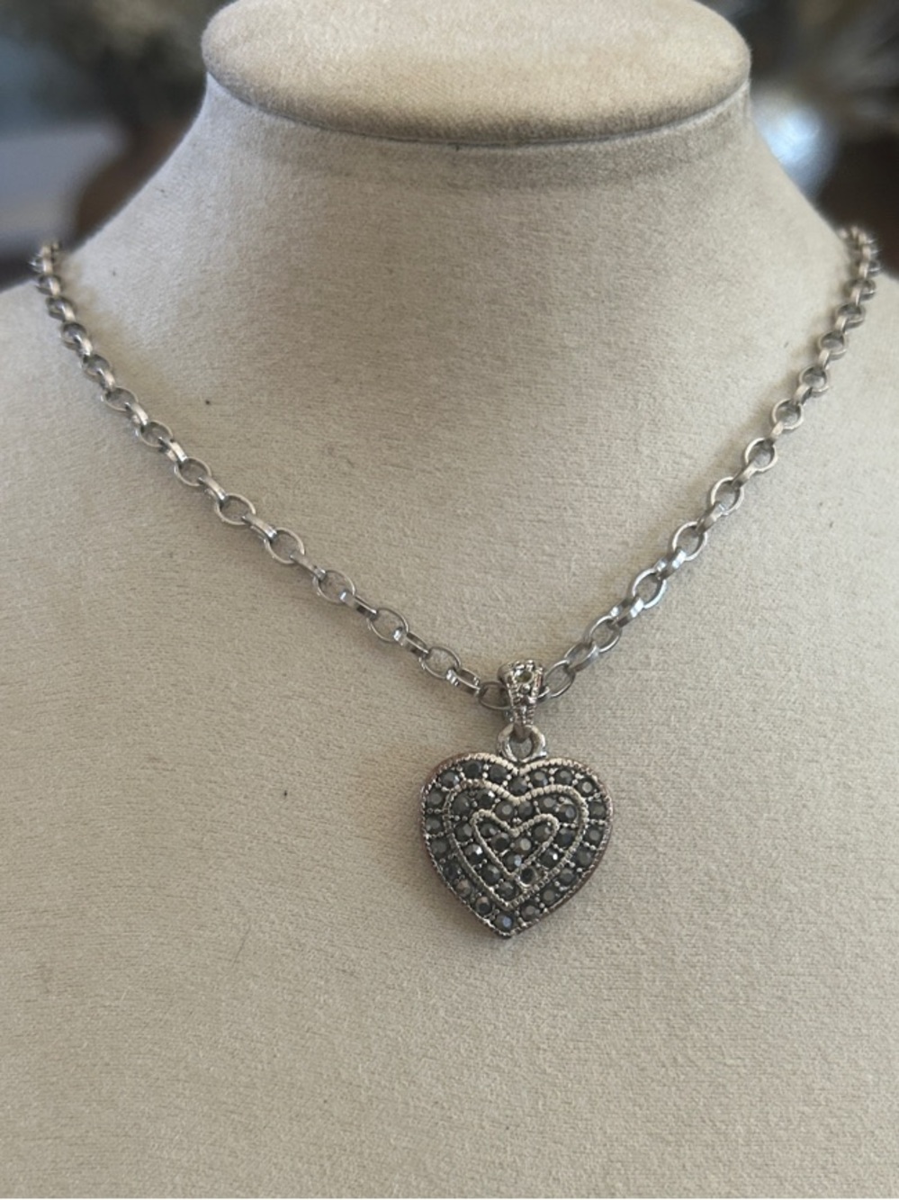 Silver Black Crystal Pavé Heart Pendant Necklace